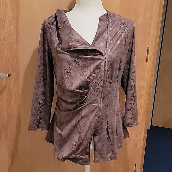 Boho Chic Jackets & Blazers - Boho Chic taupe/metallic vegan leather moto jacket